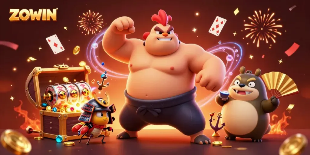 Experience the thrilling world of ZOWIN with cartoon characters celebrating a casino victory amidst colorful gems and slot reels.