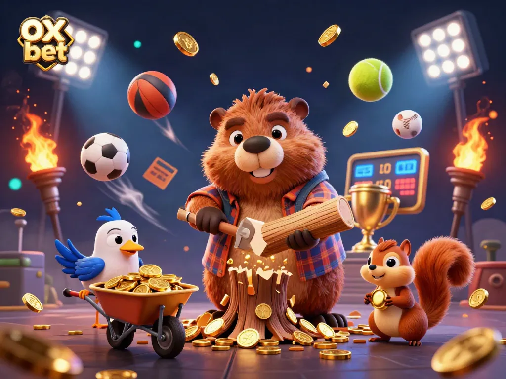 Experience exhilarating gaming action at ox bet with 3D characters surrounded by sports elements and golden rewards.
