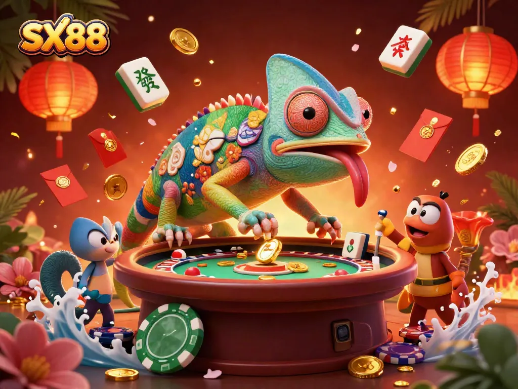 SX88 casino chameleon owner engaging players with lucky symbols, mahjong tiles, and festive decor.
