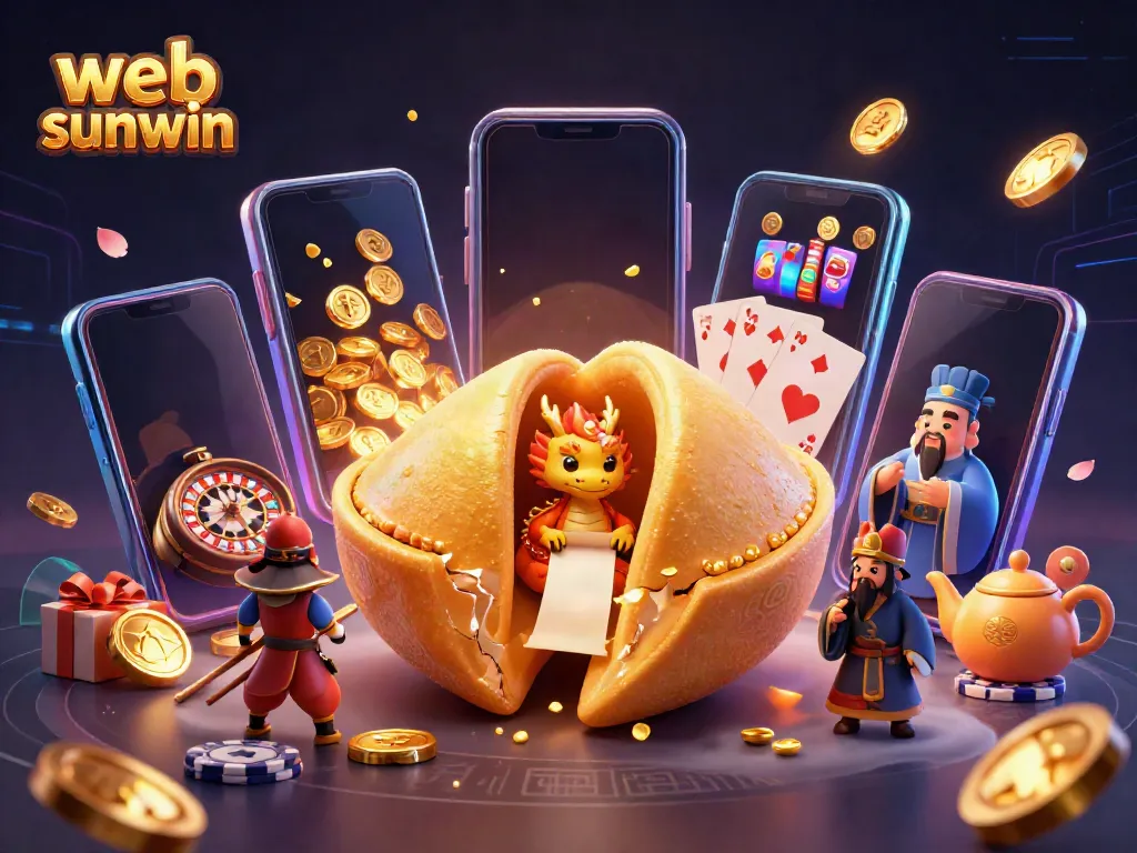 Catch spectacular wins at web sunwin with a dynamic scene of a giant golden fortune cookie and 3D casino elements.