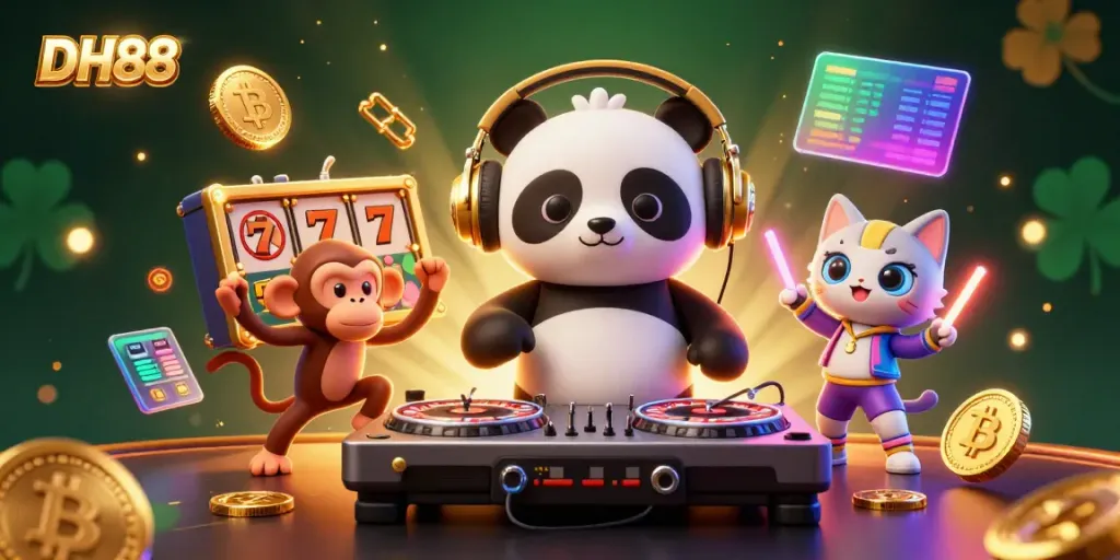 Engage in thrilling gameplay at DH88 with vibrant DJ panda and monkey spinning casino reels.