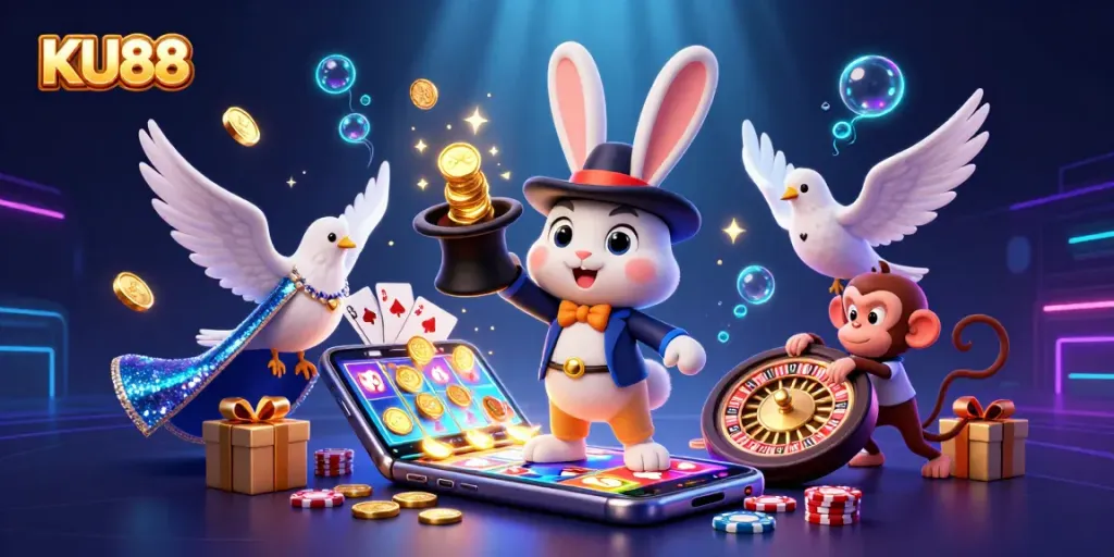 KU88 magician rabbit conjures golden coins and jazz up slots gaming experience with excitement.
