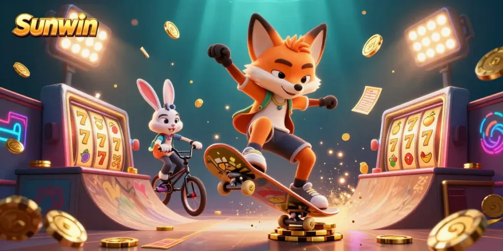 Experience thrilling moments at Sunwin with animated 3D illustrations of fox and rabbit enjoying casino games.