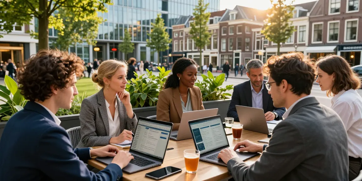 Collaborating professionals in The Hague discussing bedrijven den haag at lively outdoor café.