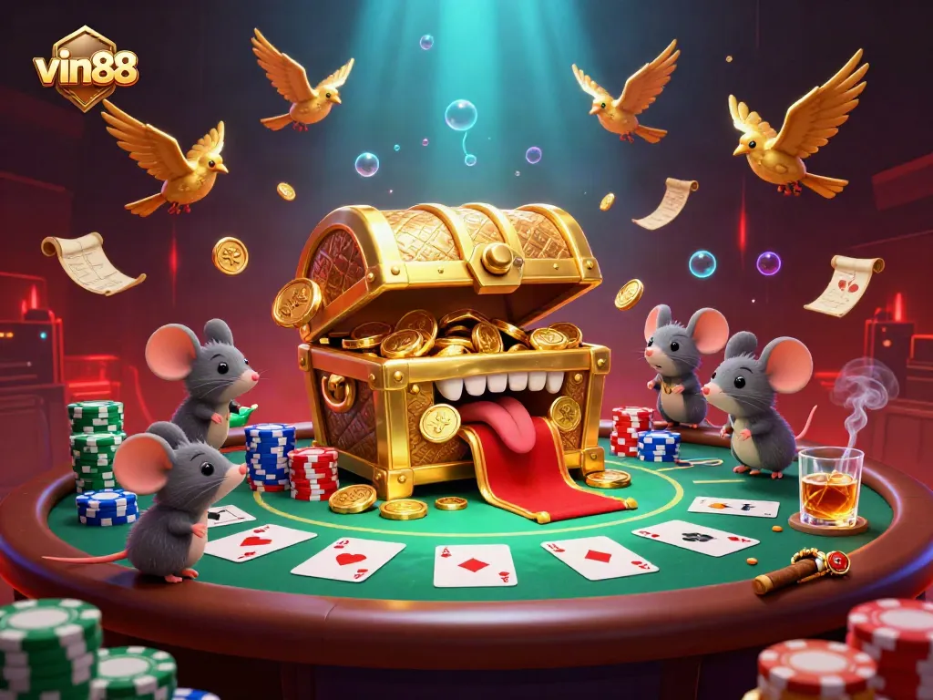 Experience thrilling gameplay at vin88 with chaotic poker tables surrounded by treasure and excitement.