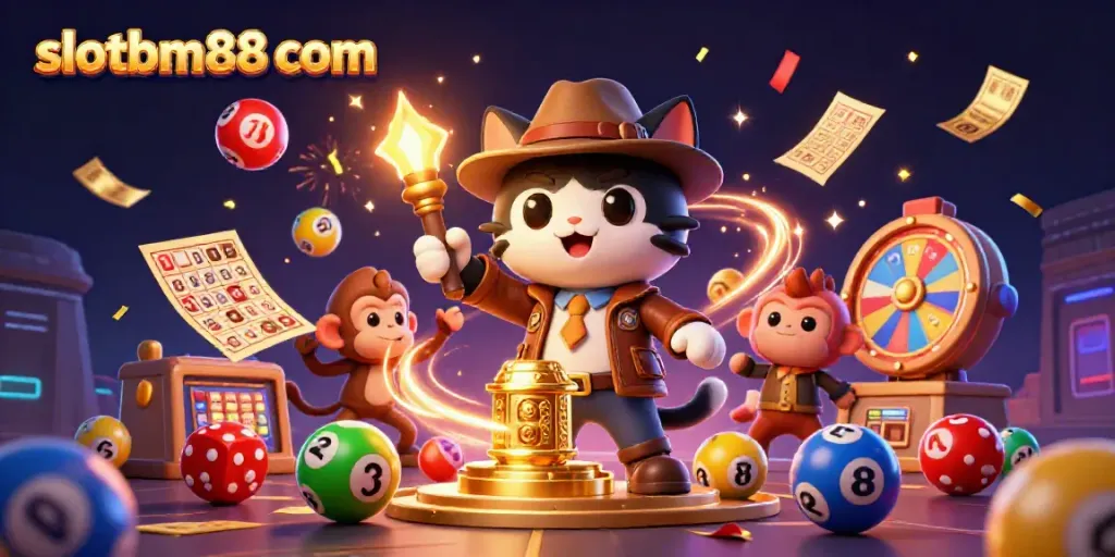 Engage with thrilling games at slotbm88 com featuring an explorer cat and vibrant casino elements.