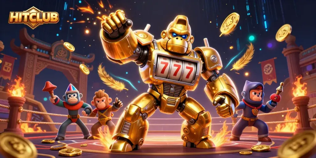 Engage with HITCLUB’s exciting games featuring a dynamic scene of a golden gorilla mech and adrenaline-pumping elements.