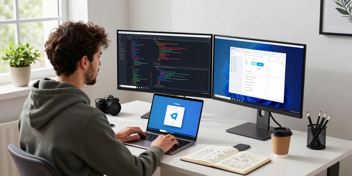 Download Telegram seamlessly on a modern setup, featuring a developer coding with vibrant interfaces and coffee.