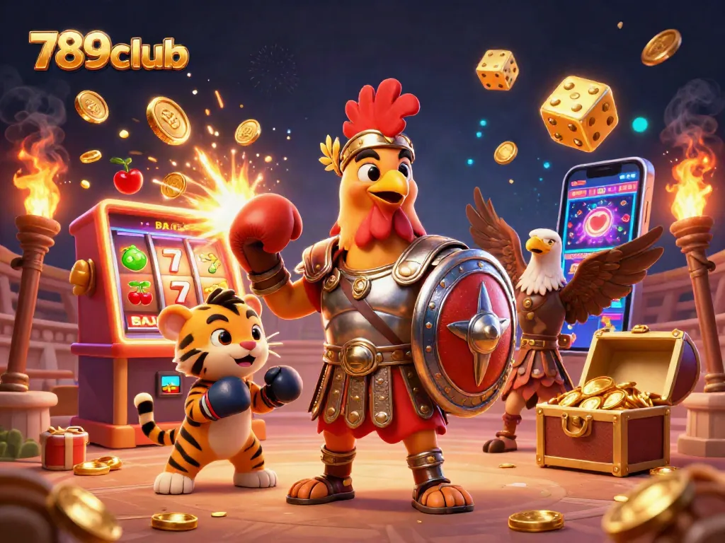 Win big with 789club's thrilling casino games featuring a dynamic 3D rooster gladiator!