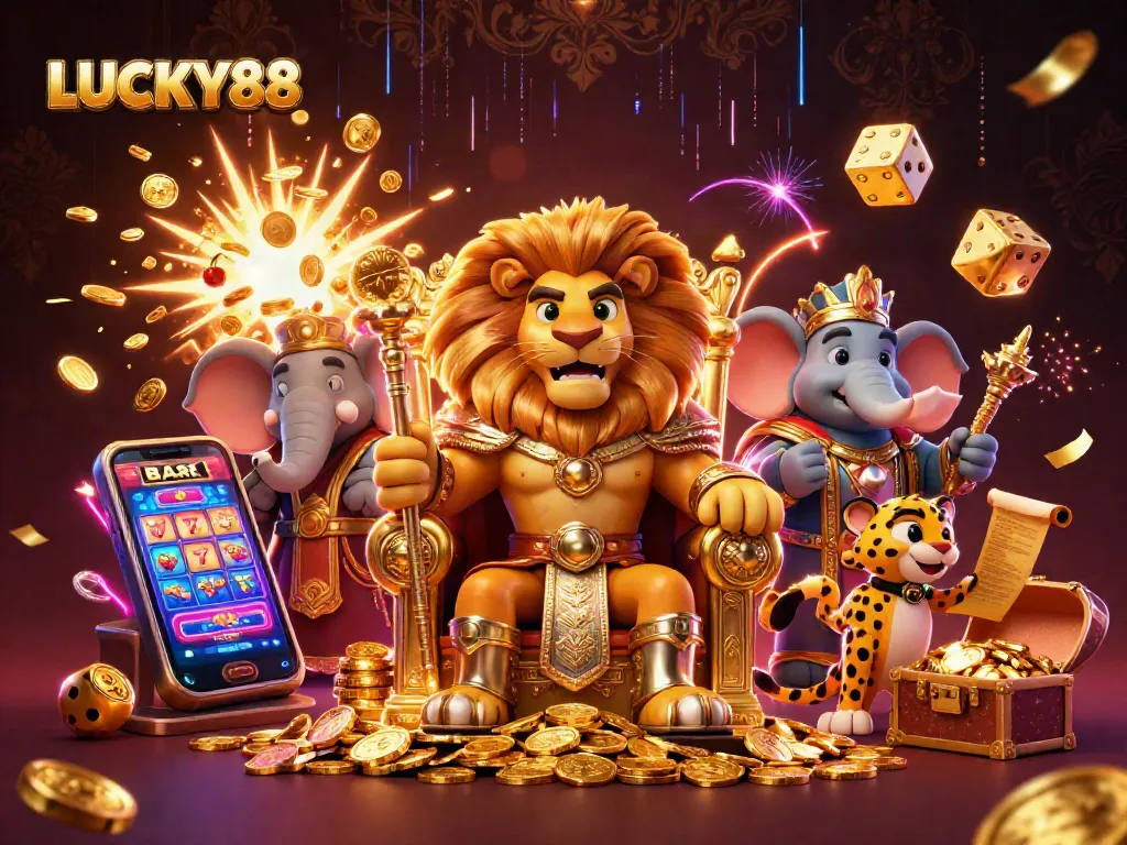 LUCKY88 offers a thrilling gambling experience with a lion king on a gold throne and a dynamic casino backdrop.
