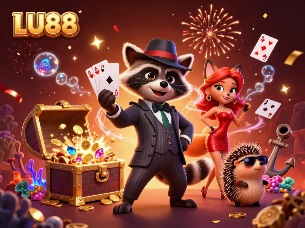 Experience the thrilling LU88 casino adventure with raccoon and friends in a vibrant 3D scene.
