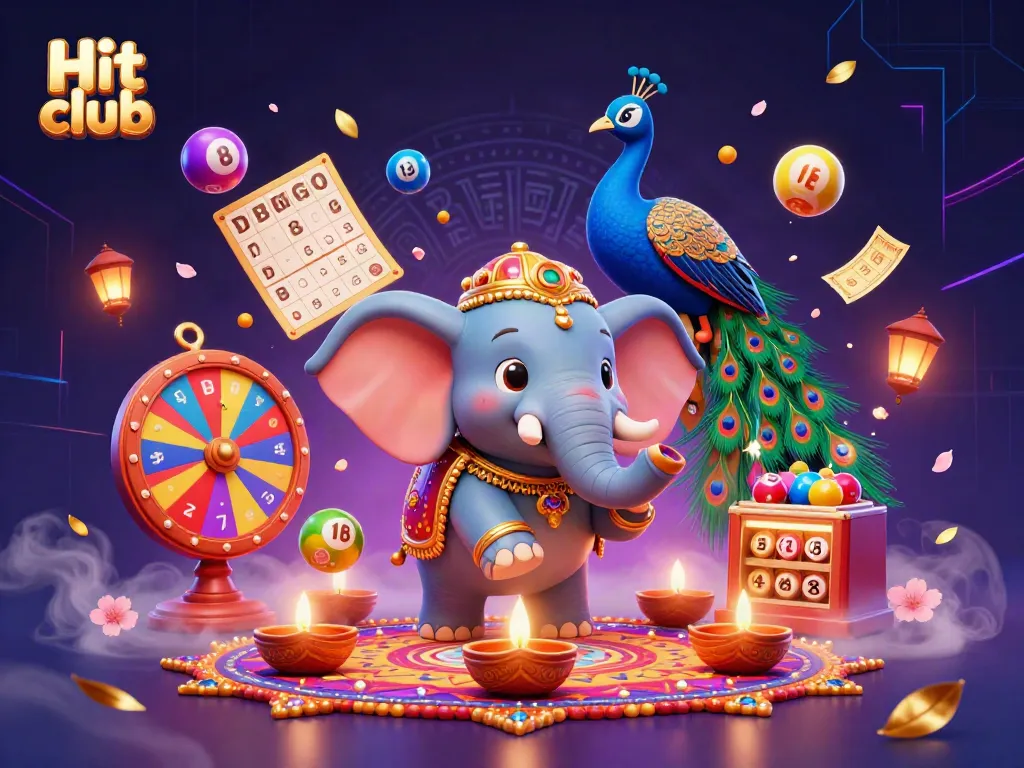 Engaging colorful scene depicting Hit club excitement with a 3D elephant and vibrantly bouncing lottery balls.