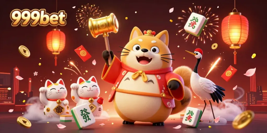 Experience the charm of 999bet's vibrant casino world with a cheerful tanuki and lucky cats.