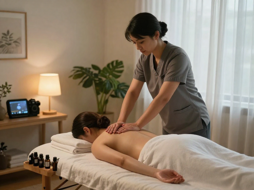 Relaxing 역삼출장마사지 scene with therapist soothing client in serene home setting.