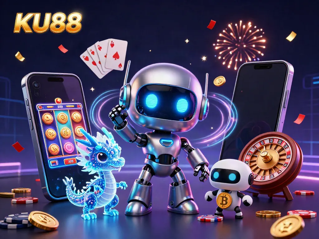 Engage in exciting gaming with KU88's vibrant 3D casino scene featuring slot games and festive elements.
