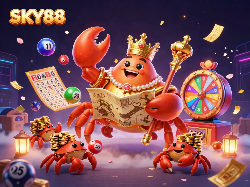 Engage in thrilling gameplay at SKY88 with a vibrant scene featuring a golden crab emperor and dynamic gambling elements.
