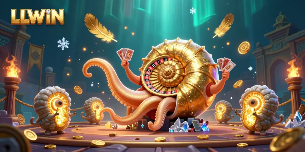 Engaging scene of LLWIN with a giant nautilus roulette wheel, glowing ammonite companions, and vibrant casino themes.