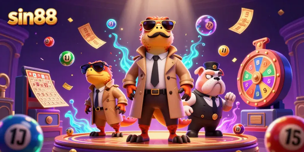 Experience the thrilling fun of sin88 with a dazzling casino scene featuring unique characters and games.