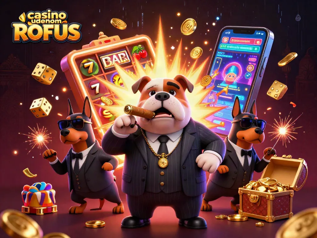 Experience the excitement at casino uden om ROFUS with our 3D illustrated mafia-themed scene featuring vibrant gaming action.