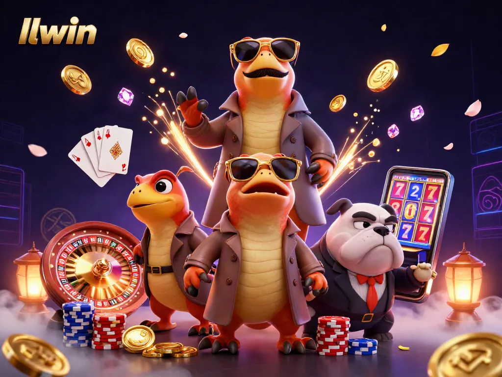 Experience the thrill of llwin with animated raptors at a VIP casino lounge, surrounded by dazzling game elements.