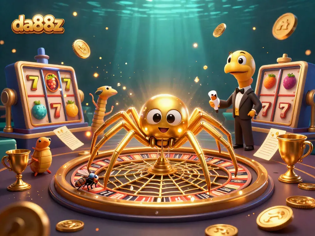 Experience thrilling gameplay at da88z with 3D golden spider and slot reels amidst dynamic action.