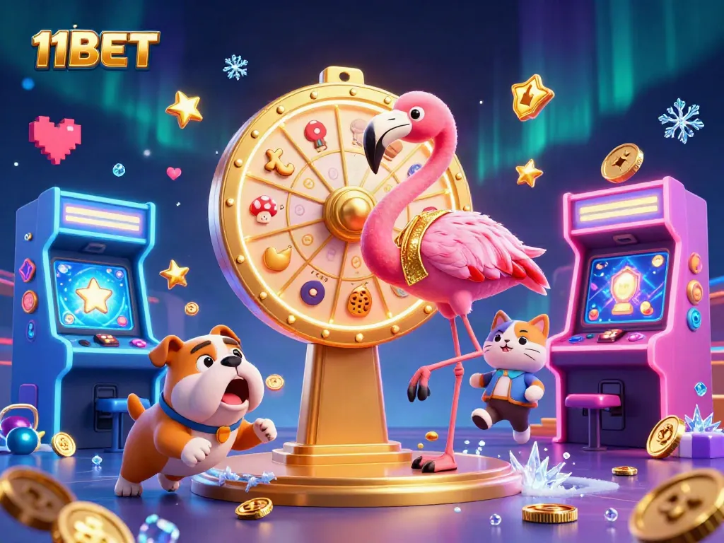 Engage with 11BET's vibrant gaming world featuring a flamingo host and an excited bulldog contestant.