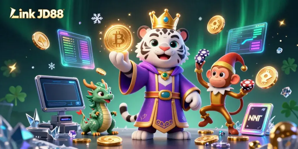 Engage in gaming adventures with Link JD88, featuring a lively tiger, monkey, and jade dragon amid crypto excitement.