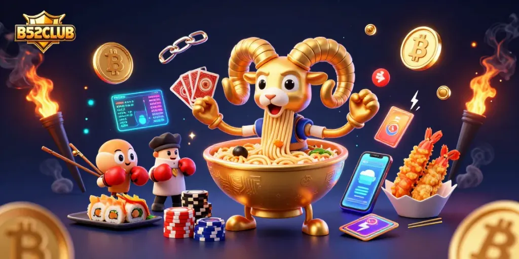 B52CLUB showcases a lively casino scene with animated characters, vibrant gambling elements, and cryptocurrencies.