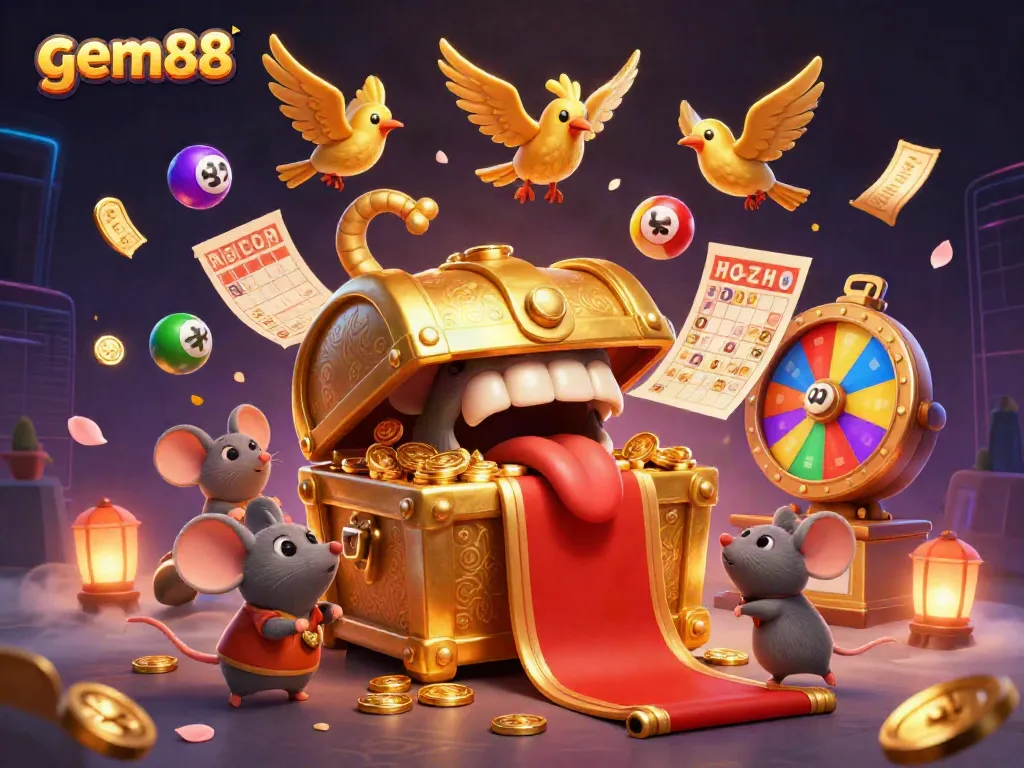 Experience thrilling gaming at gem88 with a vibrant 3D illustration of exciting casino elements.