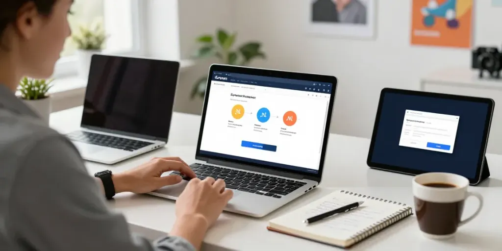 Professionele digitale werkomgeving met een individu die een .nl domeinnaam koopt en registratieprocessen bekijkt.