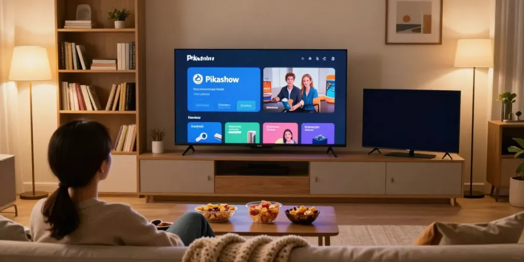 Pikashow latest application streaming on TV in a cozy living room.