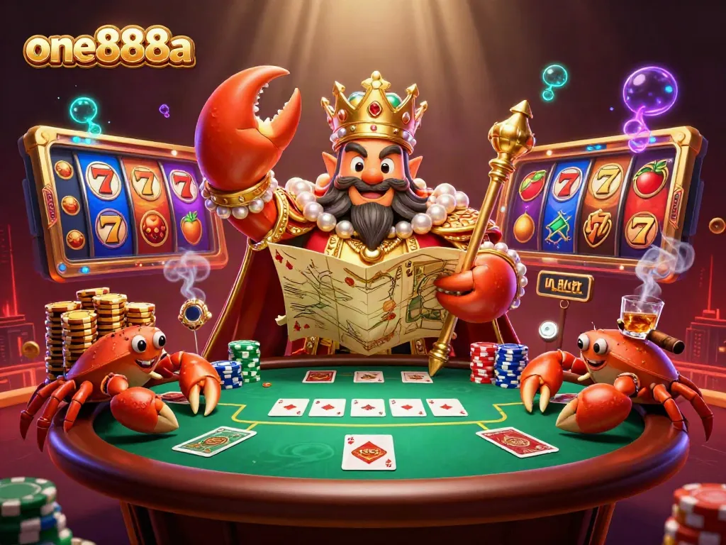 Experience the thrill of winning with one888a in this dynamic illustration featuring a golden crab emperor and rich casino games.