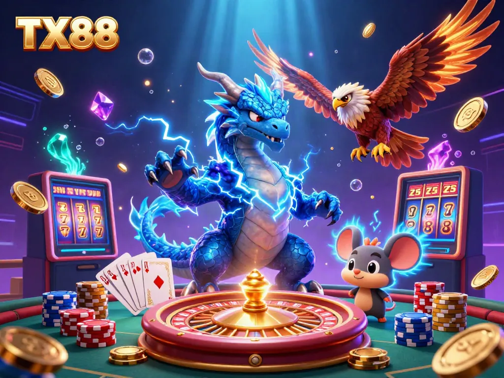 Experience the excitement of TX88 as a mighty thunder dragon roars amid casino glamour, featuring radiant game elements.