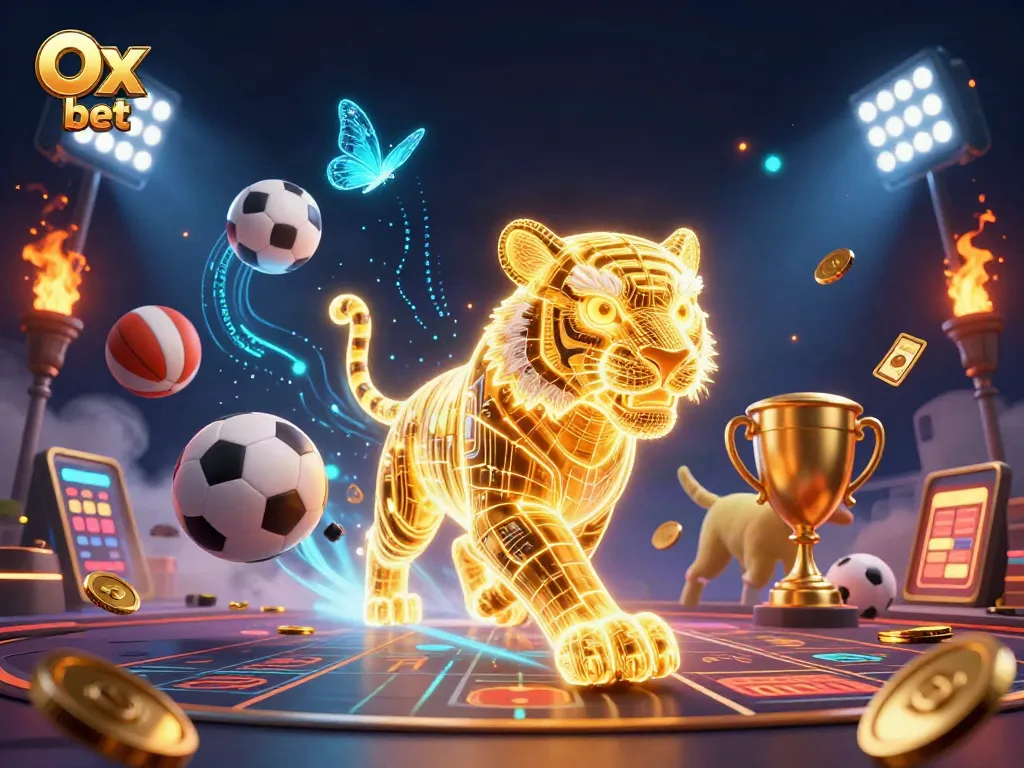 Spin the reels at Ox bet and witness the golden tiger navigating a vibrant digital casino.