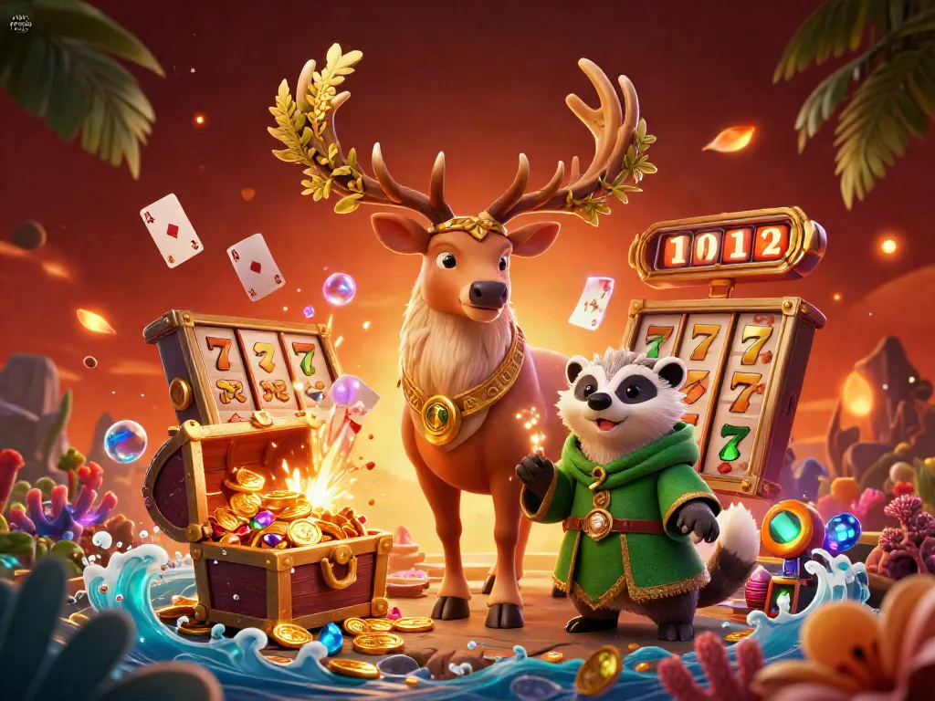 Engage in winning strategies at link fun88 with a vibrant 3D casino scene featuring a druid stag, badger, and exciting slot elements.