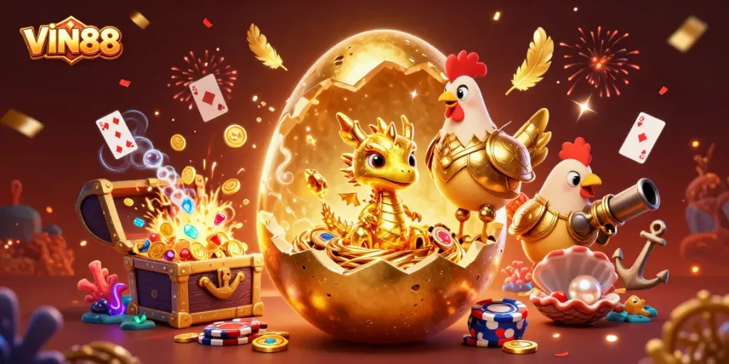 Engage with thrilling casino action at VIN88, featuring a lavish dragon and poker chips scene.