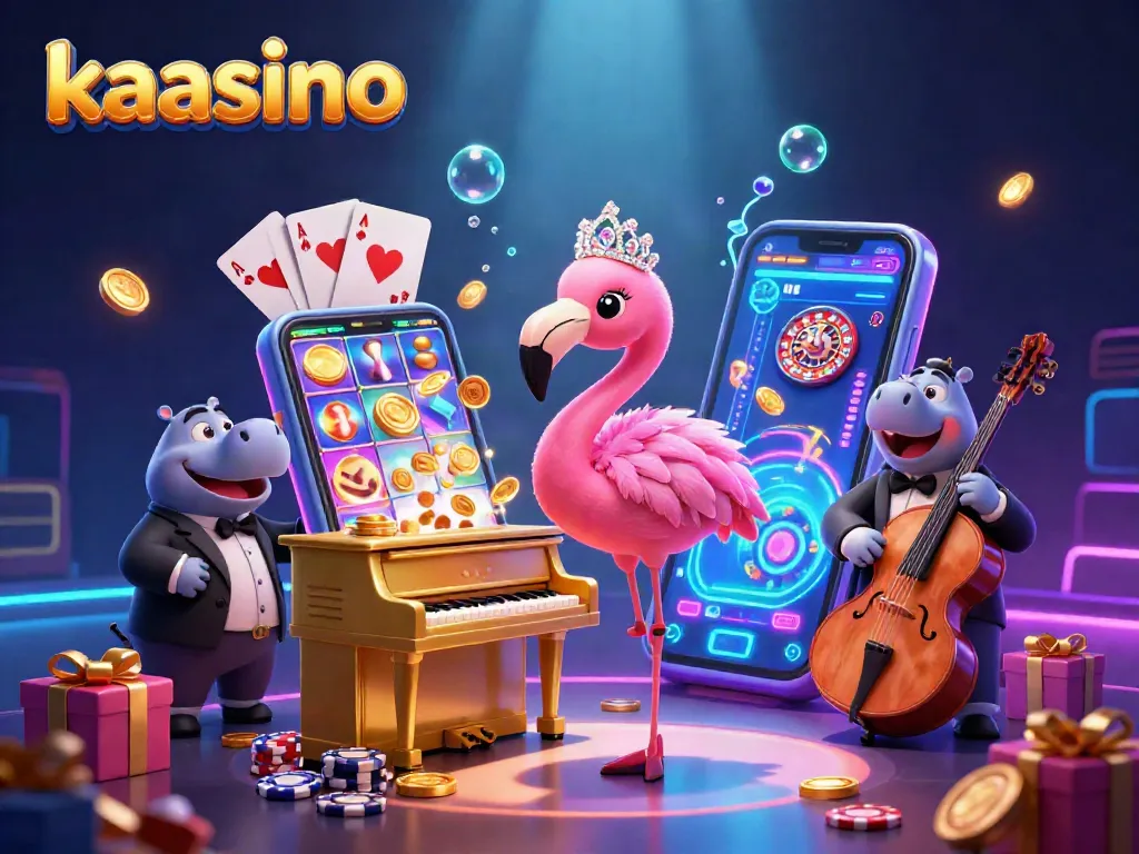 Kaasino features vibrant casino scene with lounge singer flamingo, hippo bassist, and slot games.