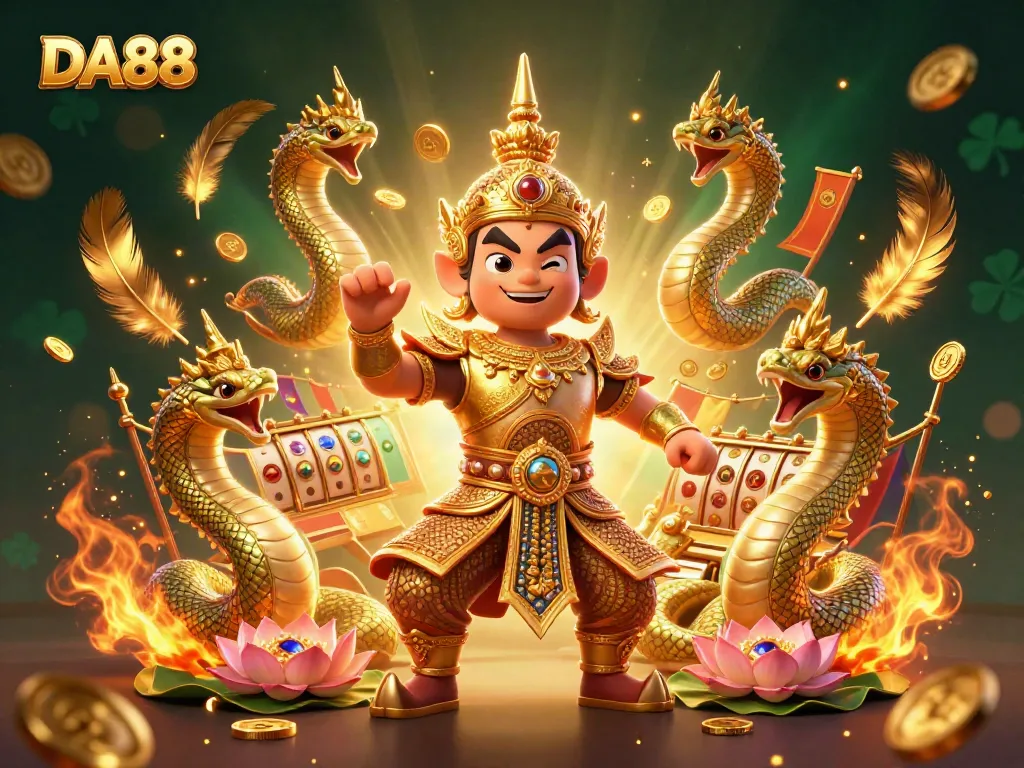 Engage with DA88’s vibrant 3D casino scenery featuring a friendly Thai guardian surrounded by golden symbols.