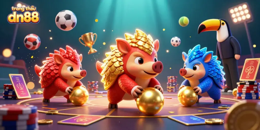 Engaging illustration of trang chủ dn88 showcasing rival pangolins in dynamic casino-themed battle amidst poker chips and sports elements.