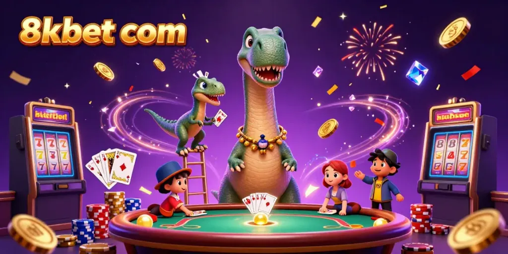 Engage with 8xbet com's dynamic gaming scene featuring a brontosaurus and raptor in a casino.