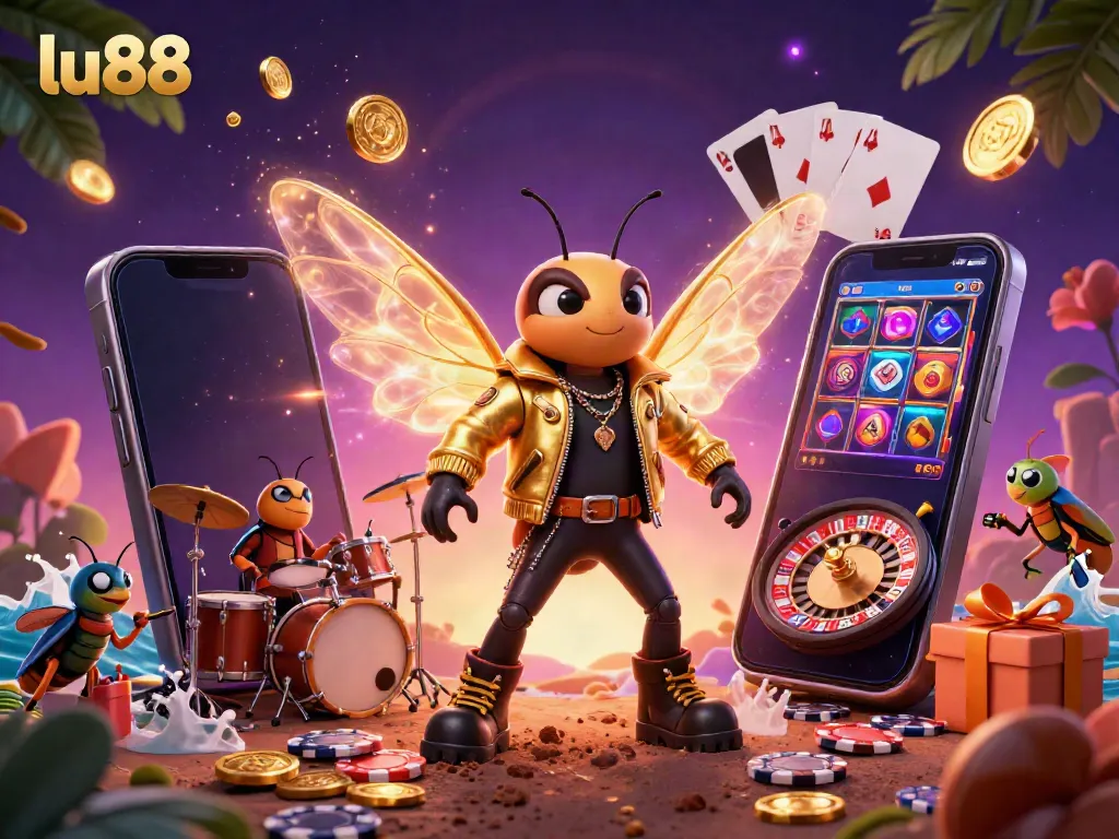 Engage in exciting gameplay at lu88 with a lively 3D illustration featuring dynamic characters and casino elements.