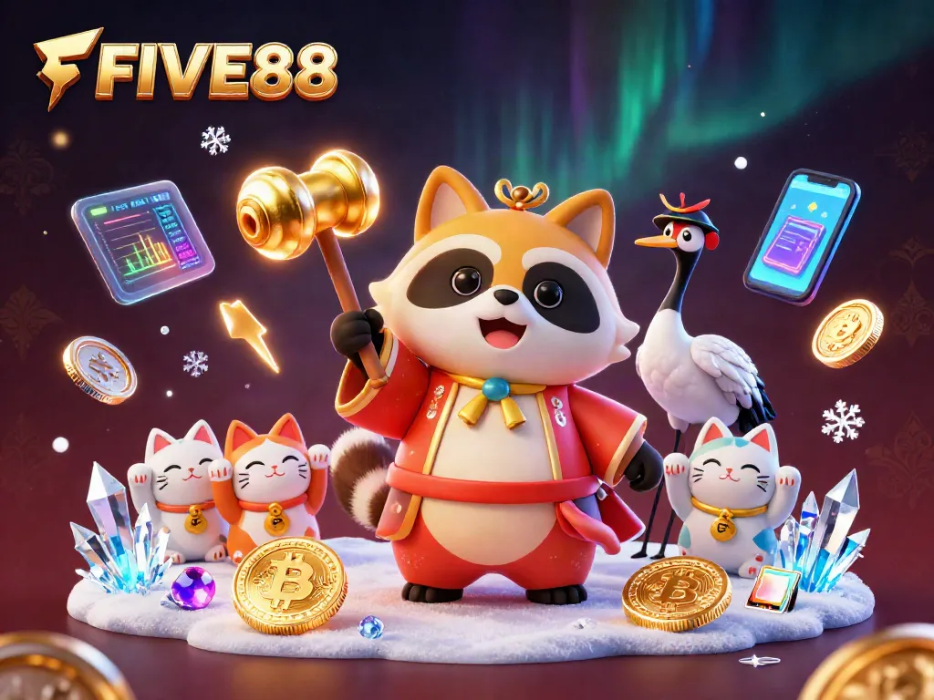 Experience the excitement of gambling at FIVE88 with vibrant characters celebrating winnings amidst 3D coins and lucky symbols.