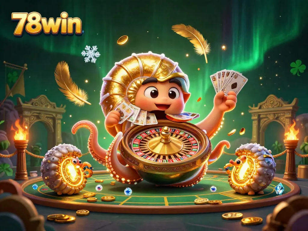 Experience the excitement of betting at 78win with an engaging illustration of a nautilus roulette wheel and glowing ammonite companions.