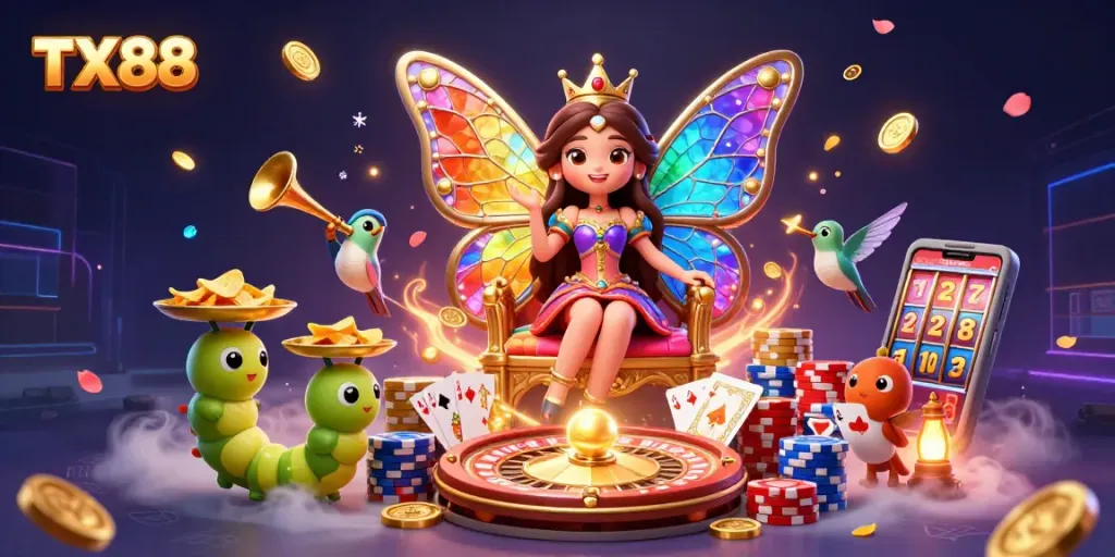 Engage with TX88's thrilling games featuring a colorful butterfly queen, shining coins, and dynamic gameplay elements.
