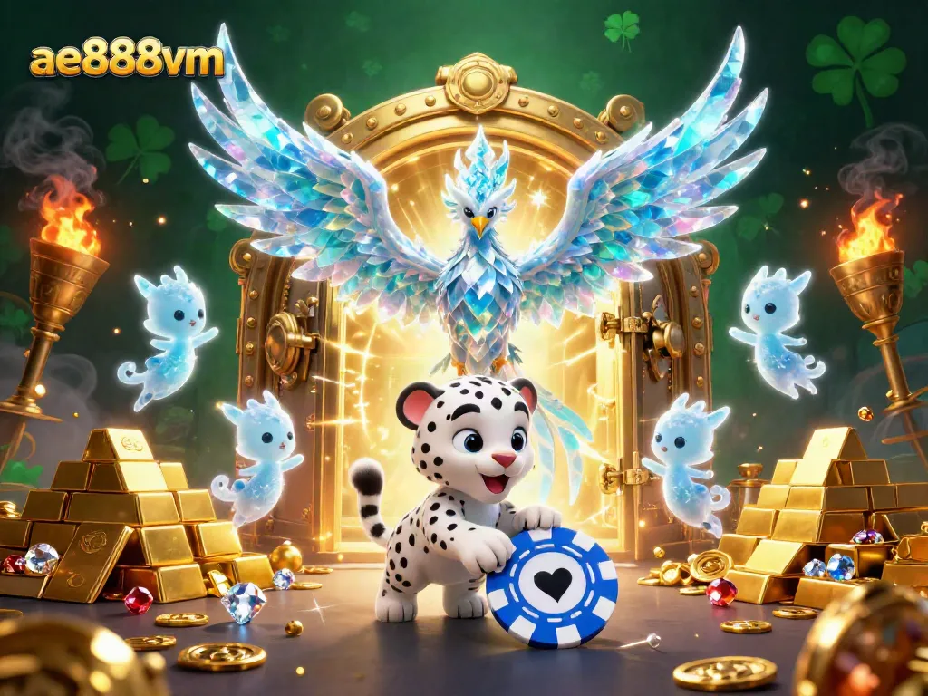 Experience thrilling wins with ae888vm, featuring an ice phoenix, poker chip, and dazzling treasures.
