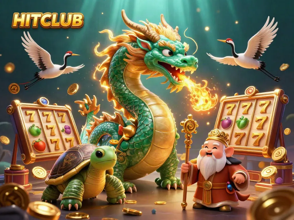 Engage with HITCLUB in an illustrated casino adventure featuring iconic symbols and characters.