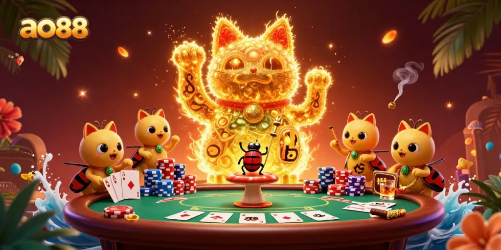Play and win big at ao88 with a dynamic illustration of a lucky cat and casino elements.