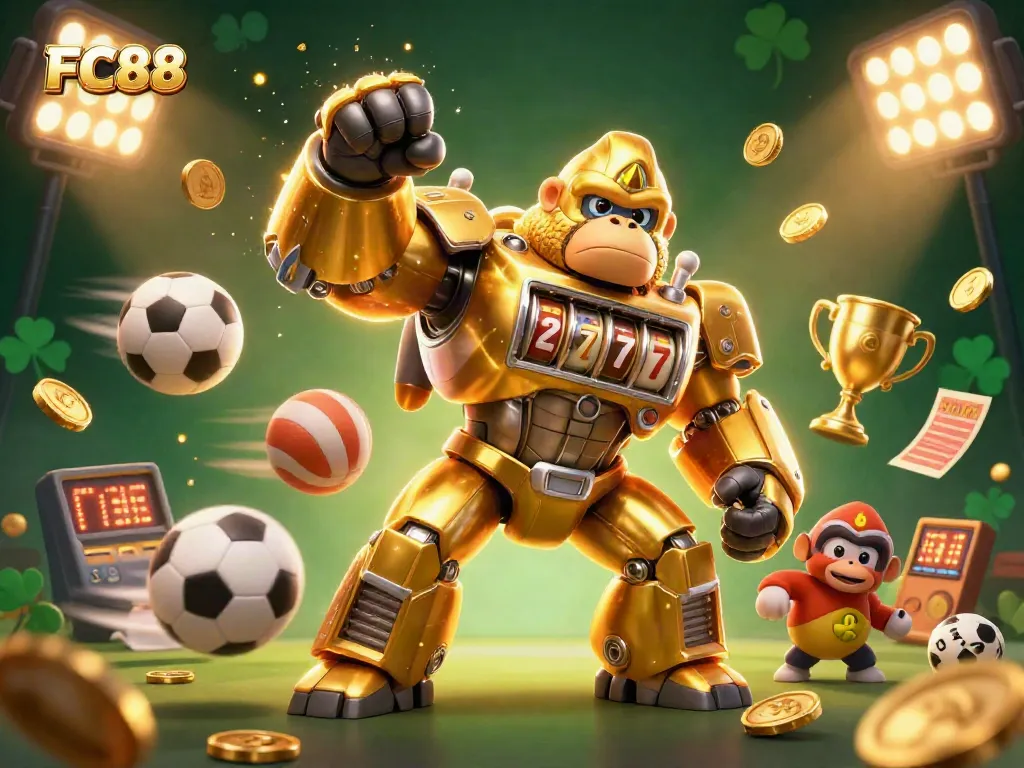 FC88 showcases an exciting 3D scenario with a golden mech and dynamic sports elements.