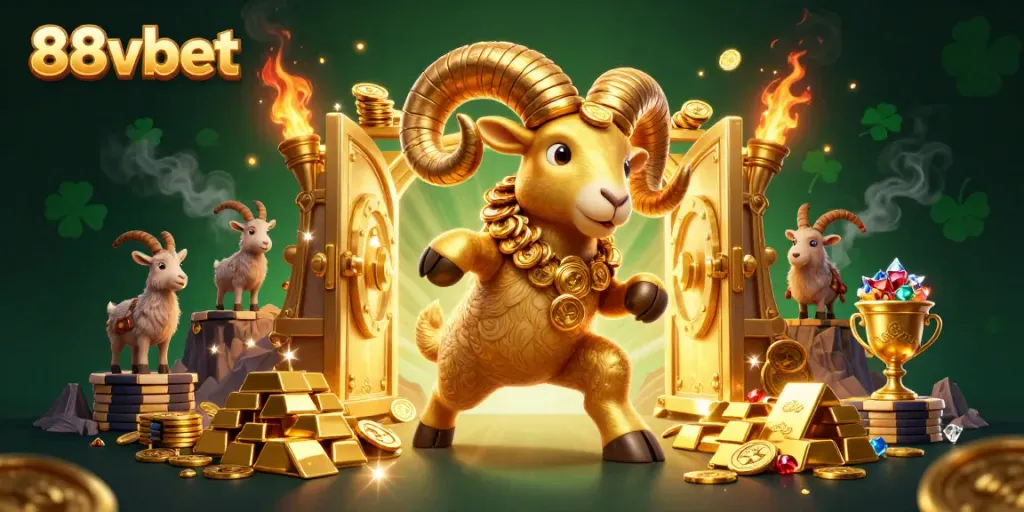 Experience the excitement of 88vbet with a golden ram charging towards treasure and gems.