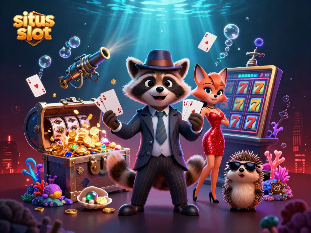 Engage in thrilling action at situs slot with a suave raccoon, charming fox, and bouncer in a dynamic casino scene.